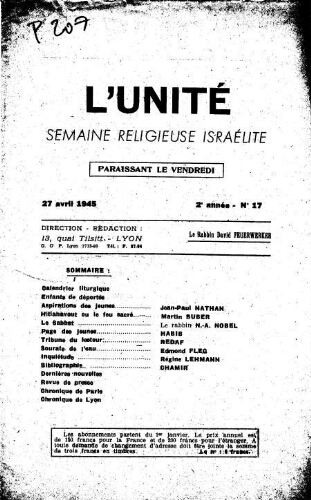 L'Unité : Semaine religieuse israélite. 2ème Année N° 17 (27 avril 1945)